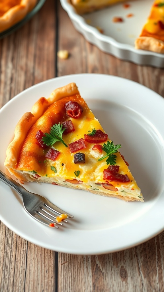 A slice of crustless quiche Lorraine with bacon and cheese, garnished with parsley on a rustic table.